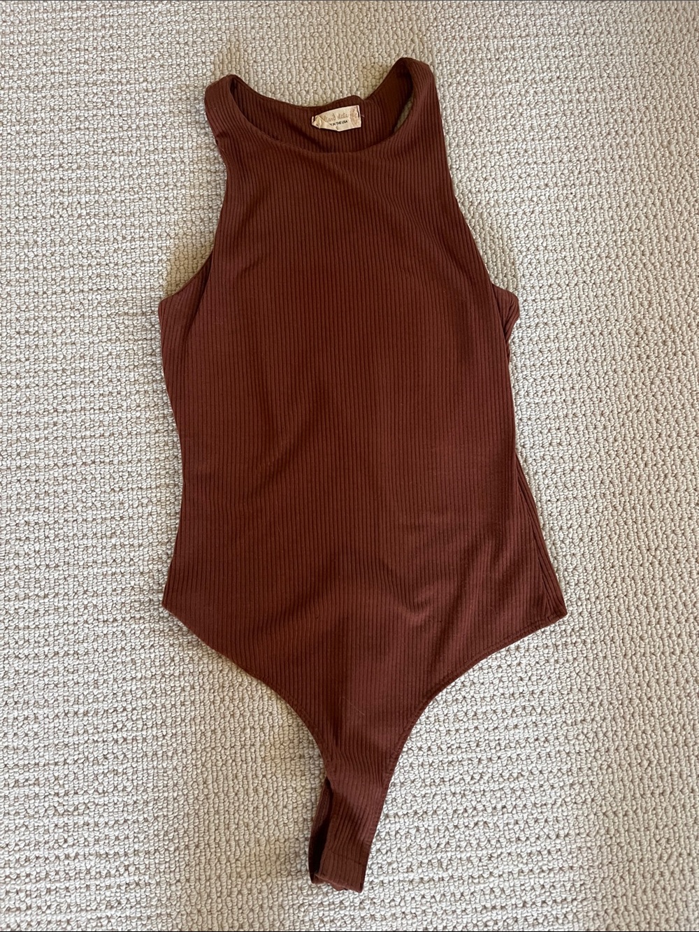 Womens Altar’d State Ribbed One-Piece Bodysuit in Rust/Brown, Size Small